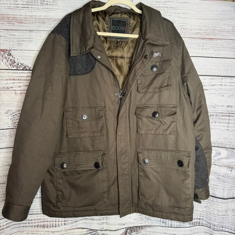 Coogi Men’s XL Brown Utility Jacket Multi Pocket Button Zip Herringbone Back
